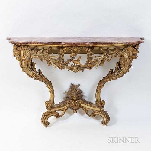 Rococo-style Marble-top Green-painted and Gilt Console Table