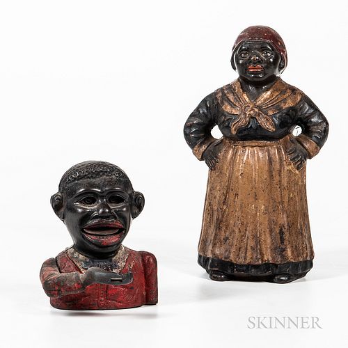 Two Polychrome Cast Iron Figural Banks