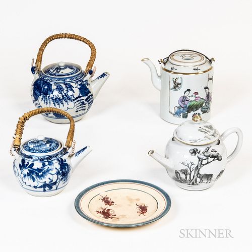 Four Chinese Export Porcelain Teapots and a Plate
