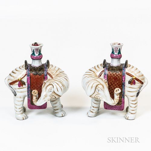 Pair of Winterthur Reproduction Mottahedeh Porcelain Elephant Figural Candlesticks