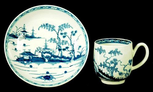 A MATCHED WORCESTER COFFEE CUP AND SAUCER, C1770  painted in underglaze blue with the Cannon Ball