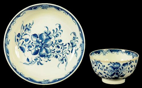 A LOWESTOFT TEA BOWL AND SAUCER, C1780   painted in underglaze blue with the Mansfield pattern,