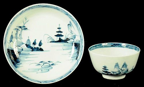 A LIVERPOOL TEA BOWL AND SAUCER, RICHARD CHAFFERS & CO, C1760-65  painted in underglaze blue with