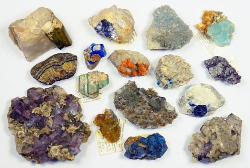 SIXTEEN MINERALS  including fine specimens of Purple Fluorite and Calcite (Heights Mine, Weardale)