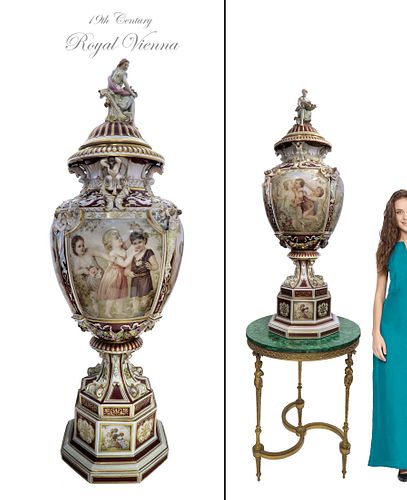 19th C. Monumental Royal Vienna Figural Lidded Vase  