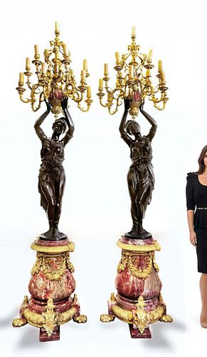 Pair of Monumental French Bronze/Rouge Marble Torcheres
