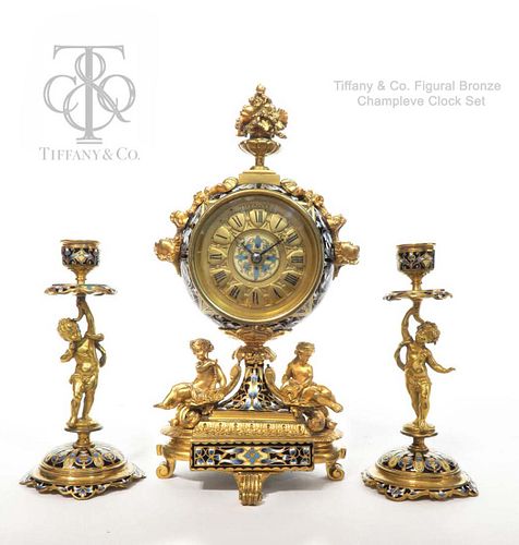 Tiffany & Co. Gilt Bronze & Champleve Enamel Clock Set