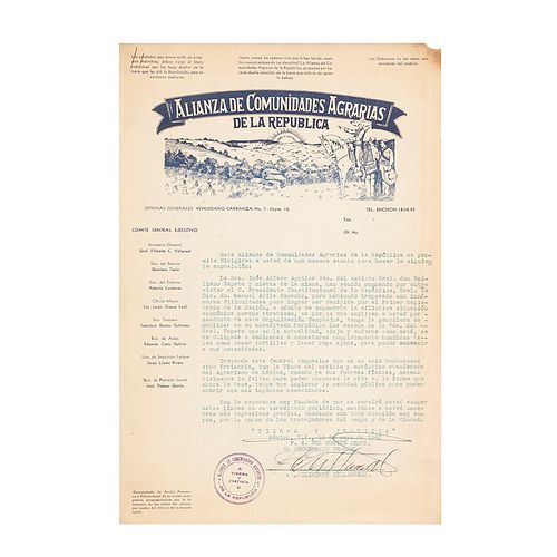 Villarreal, Filiberto C. Petición de Audiencia y Sustento para Viuda de Emiliano Zapata... México, 12 de Mayo de 1942. Firmado.