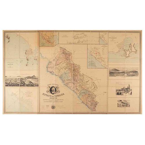 Martínez de Castro Mariano. Mapa Oficial del Estado de Sinaloa.<D> México, 1891. Mapa litográfico coloreado, 109 x 181 cm.