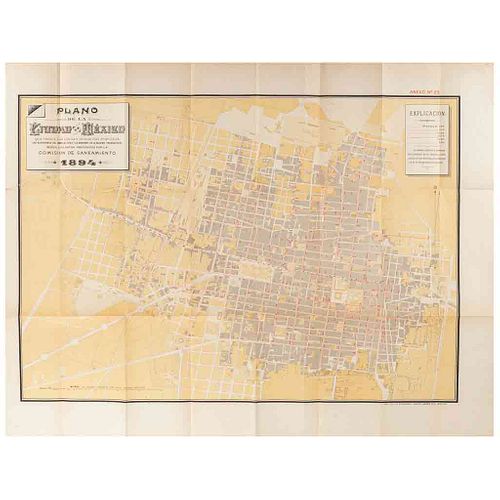 Plano de la Ciudad de México. México, 1894. Plano litográfico a color, 55.5 x 79.5 cm. Según datos de la Comisión de Saneamiento.
