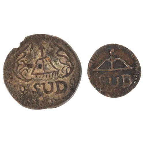 Morelos y Pavón, José María. 2 y 8 Reales "SUD". México, 1814. Moneda en cobre, 22 y 33 mm., 5.4 y 17.8 gr. Piezas: 2.