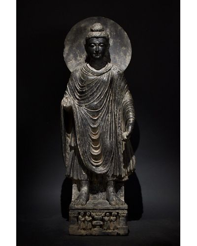 HUGE GANDHARA SCHIST STONE FIGURE OF STANDING BUDDHA