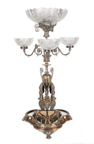 AN BRITISH SILVER-PLATED AND CUT GLASS TWO-PIECE EPERGNE, PROBABLY DESIGNED BY AUGUSTE ADOLPHE WILLMS (1827-1899), ELKINGTON & CO., BIRMINGHAM, 1872-1