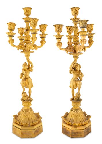 A PAIR OF GILT BRONZE ORMOLU FIVE-LIGHT CANDELABRAS, POSSIBLY FRENCH, EARLY 20TH CENTURY  