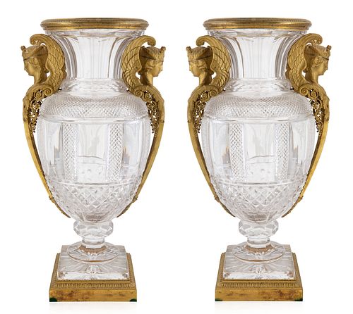 A PAIR OF MONUMENTAL ORMOLU AND CUT CRYSTAL VASES, BACCARAT, 20TH CENTURY 