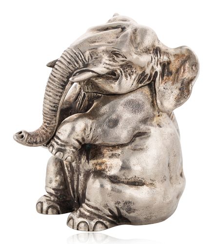A FABERGE SILVER TABLE LIGHTER FORMED AS A SEATED ELEPHANT, MOSCOW, 1895