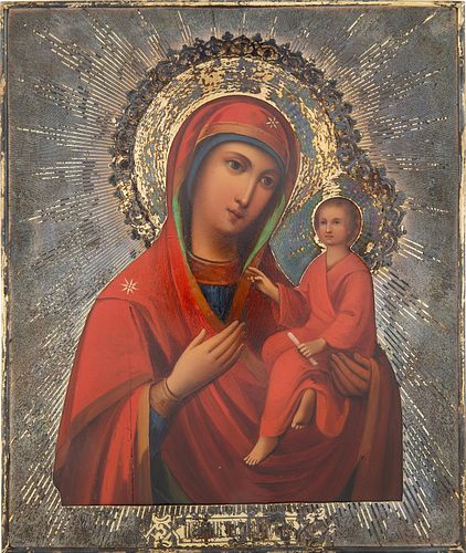 A RUSSIAN ICON OF THE IVERSKAYA MOTHER OF GOD WITH SILVER OKLAD, ST. PETERSBURG, 1873