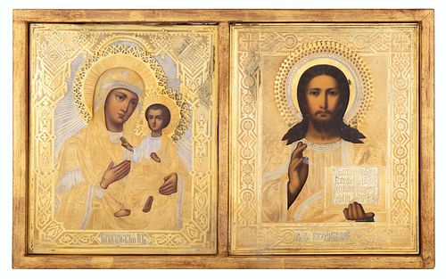 A PAIR OF RUSSIAN ICONS OF CHRIST PANTOCRATOR AND THE THEOTOKOS OF TIKHVIN WITH GILT SILVER OKLADS, MOSCOW, 1884 AND 1887