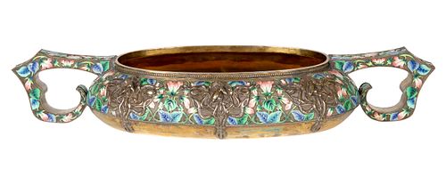 A RUSSIAN FABERGE-STYLE SILVER AND SHADED CLOISONNE ENAMEL SERVING DISH, LATE 20TH CENTURY 
