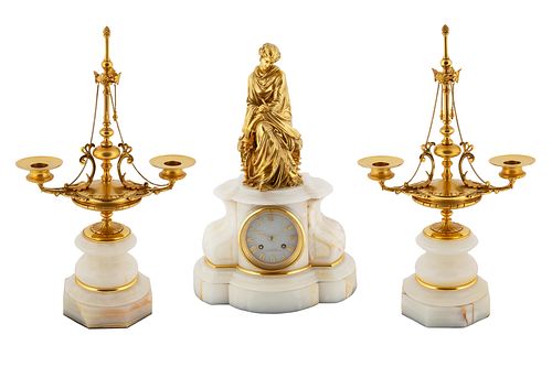 AN ORMOLU-MOUNTED WHITE MARBLE MANTLE CLOCK AND PAIR OF CANDLESTICK GARNITURES, CIRCA 1970