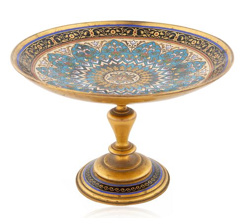 A FRENCH METAL AND CHAMPLEVE TAZZA, 20TH CENTURY 