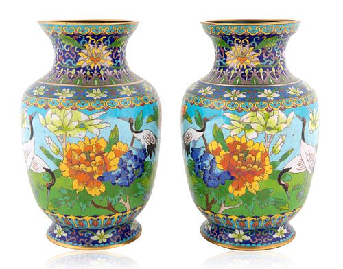 A PAIR OF CHINESE ENAMEL CLOISONNE VASES, 20TH CENTURY   