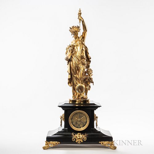 Large A. Guilmet Patinated and Gilt-brass Figural Mystery Clock