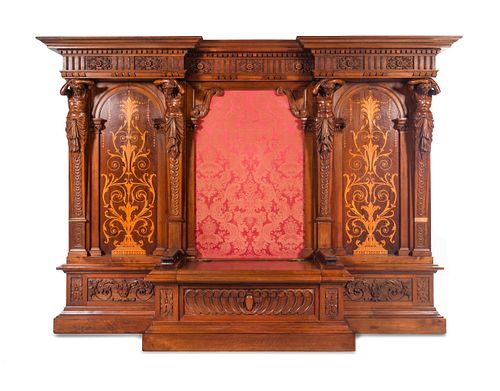 A Renaissance Revival Style Carved Walnut and Marquetry Hall Bench 