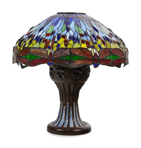 An Art Nouveau Style Cast Bronze and Leaded Glass Dragonfly Table Lamp 