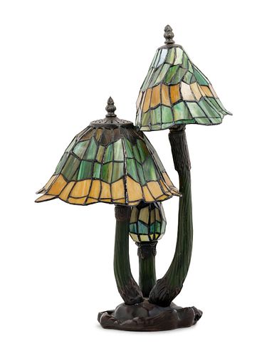 An Art Nouveau Style Cast and Patinated Bronze Leaded Glass Mushroom Desk Lamp 