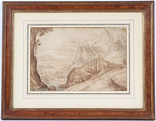 Pen, Ink & Wash Mountainous Landscape with Bridge