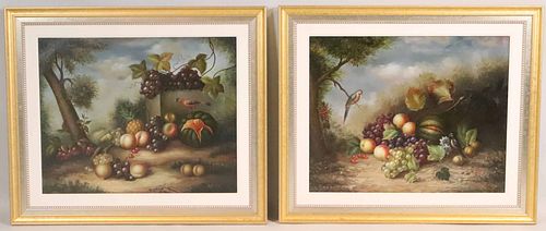 Two Oils on Canvas, Still Life of Fruit & Birds