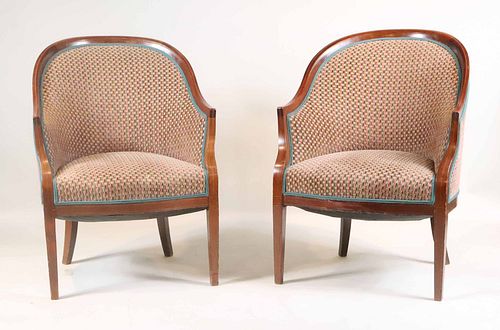 Two Regency Style Walnut Barrel Back Club Chairs