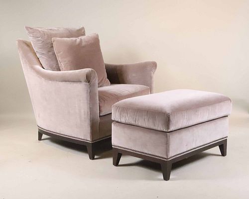 Modern Grey-Velvet Club Chair and Ottoman