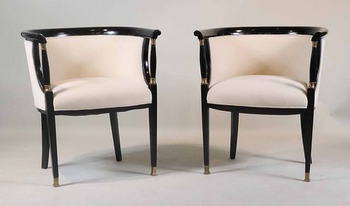Pair of Barrel Back White-Upholstered Club Chairs