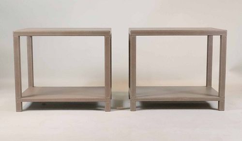 Pair of Grey Leather Two Tiered End Tables