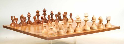 Monumental Inlaid Wood Chess Set
