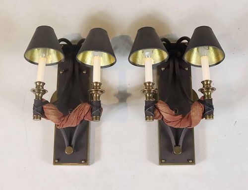 Pair of Patinated Metal Two-Light Wall Sconces