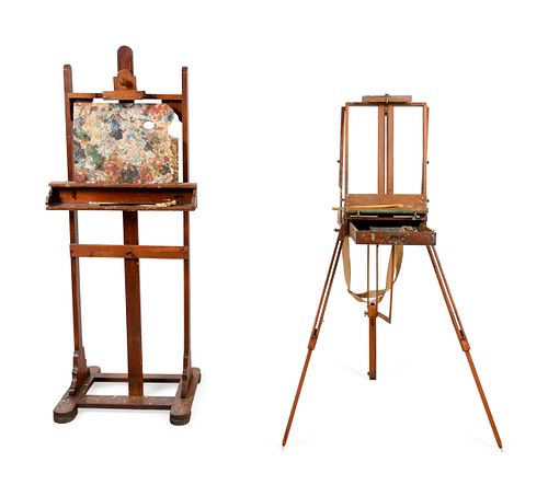 Two Antique Easels and a Painter's Palette
