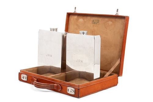 A Leather-Cased Set of Silver-Plate Flasks Retailed by Abercrombie & Fitch