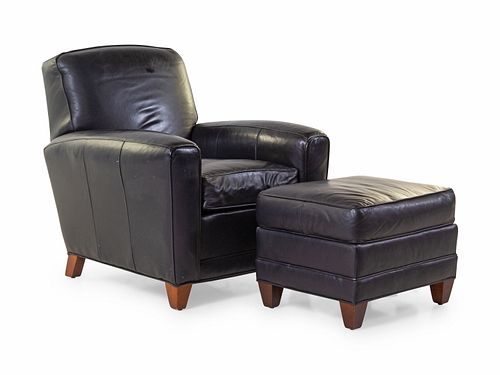 A Modern Leather Upholstered Club Chair and Ottoman