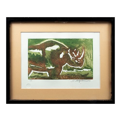 RAÚL ANGUIANO "Rinoceronte", 2001 Firmado y fechado al frente y al reverso Grabado al aguafuerte P/C Enmarcado 51 x 64 cm
