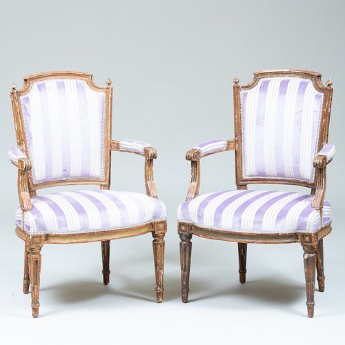 Pair of Louis XVI Style Painted and Parcel-Gilt Fauteuils en Cabriolet