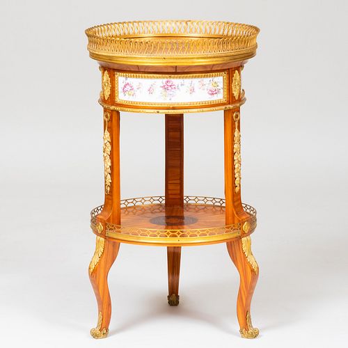 Louis XV/XVI Style Ormolu and Porcelain-Mounted Tulipwood Parquetry Side Table 