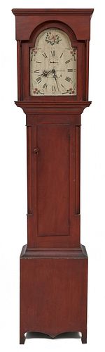 THOMAS & HOADLEY Red-Painted Tall Case Clock, Plymouth, Connecticut, early 19th century