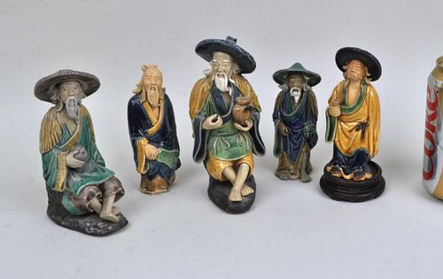 Group Five Chinese Polychrome Mud Figures