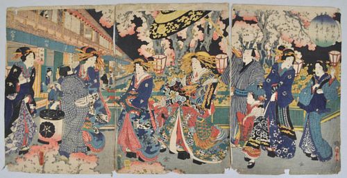 Japanese W/B Triptych Print, Town Scene