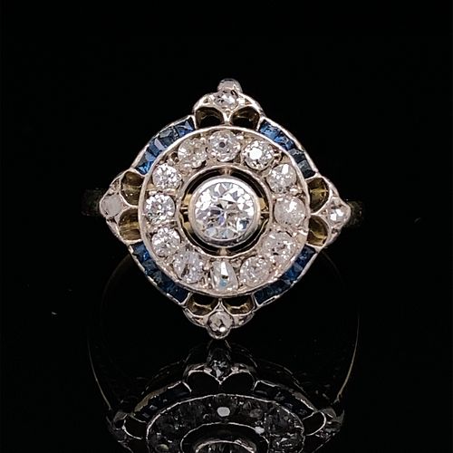 ART DECO 18k Platinum Diamond Sapphire Ring