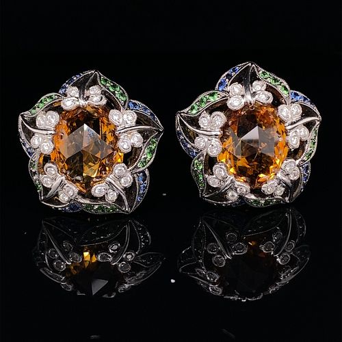 18k Flower Design Citrine Sapphire Diamond Dermantoid Garnet stone EarringsÂ 