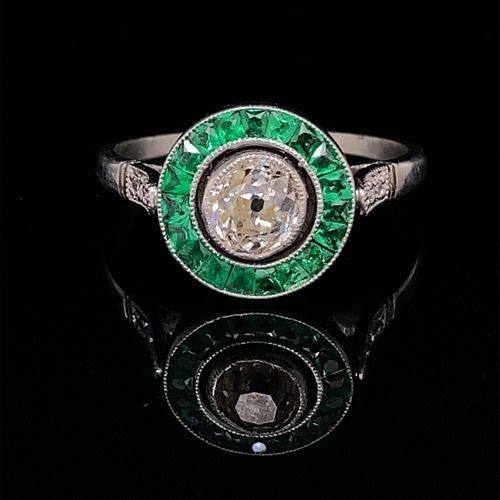 Platinum Emerald Old Mine Diamond Target Ring